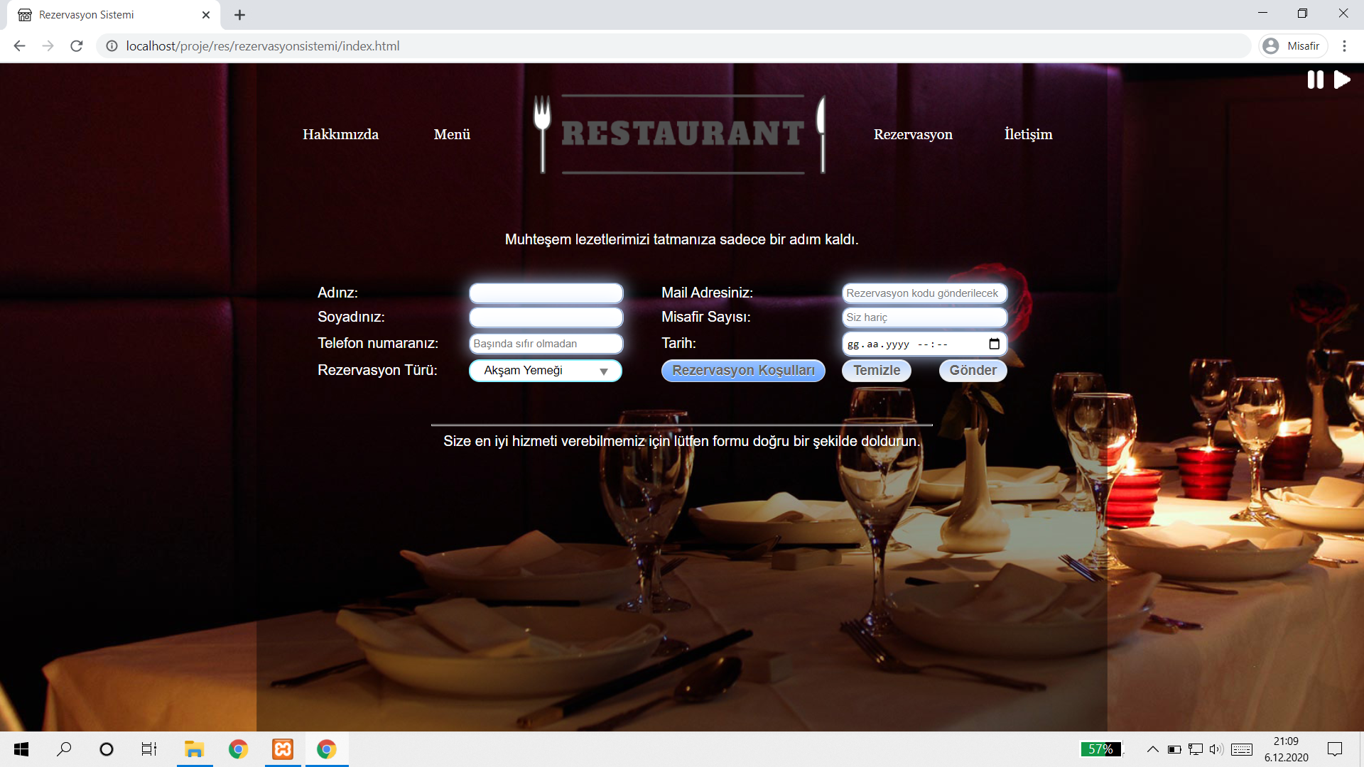 Rezervasyon ve Mesaj Kaydı Tutan Restoran Sitesi