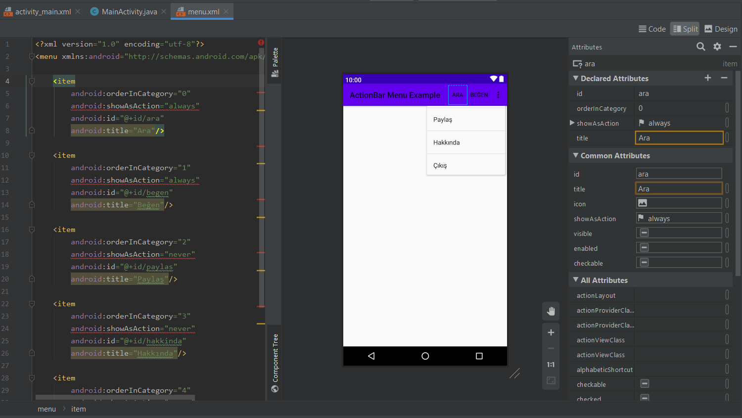 Android ActionBar Menü Oluşturma ve Öge Ekleme